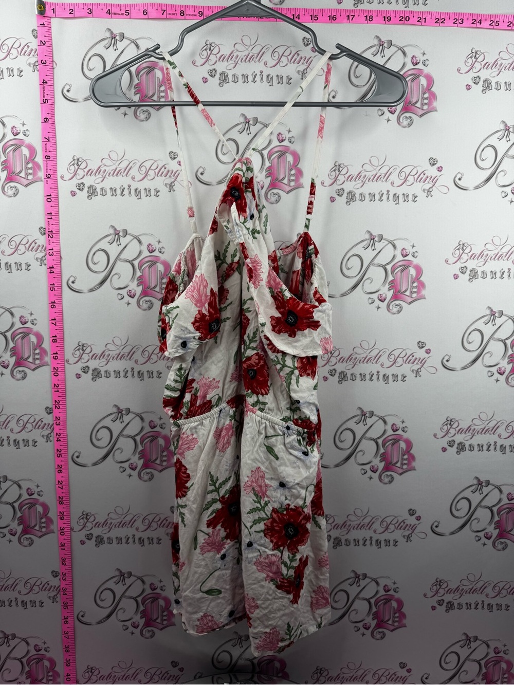 Divided romper shorts onsie White Floral Romper with Red and Pink Blooms